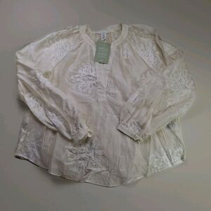 NWT H&M Sz S Cream Sheer Peasant Top Floral Embroidery Blouson Balloon Sleeve